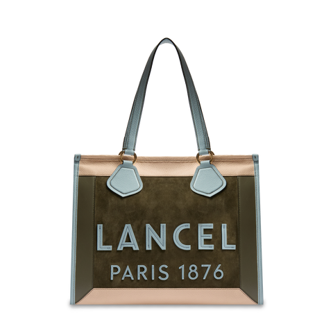LANCEL TOTE — L ZIP TOTE BAG— MULTICO DARK KHAKI– Lancel
